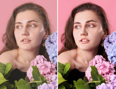 Pembe arka planda çiçekleri olan güzel bir kadın. Röportajdan önce ve sonra portre kolajı