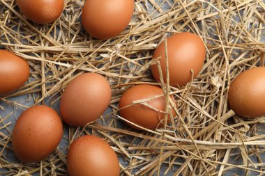Raw chicken eggs and straw on grey wooden table, flat lay