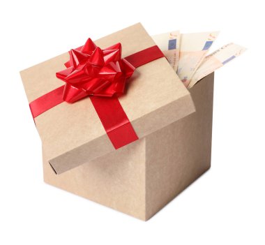 Hediye kutusu beyaz izole euro banknot ile