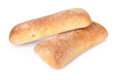 Beyazın üzerine izole edilmiş iki lezzetli ciabata.