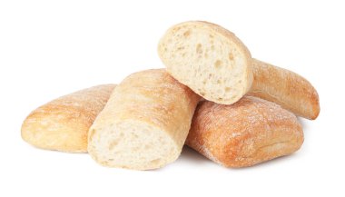 Beyaz üzerine izole edilmiş taze pişmiş ciabatalar.