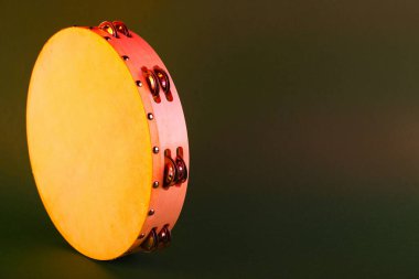 Tambourine on olive background. Space for text