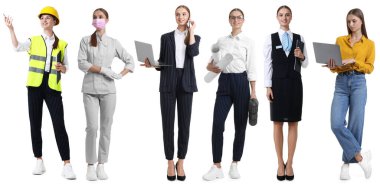 Meslek seçimi. Farklı meslekleri temsil eden aynı kadın. Beyaz arkaplanda portrelerin kolajı