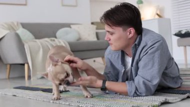 Evde oynayan sevimli Fransız buldoguyla bir adam.