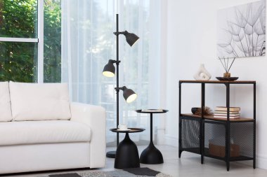 Lambalı ve şık mobilyalı güzel bir oturma odası. İç tasarım