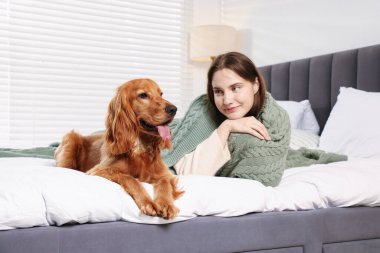 Evcil hayvan dostu otel. Kadın ve sevimli köpeği yatağın içinde