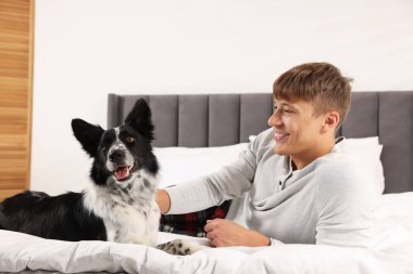 Evcil hayvan dostu otel. Bir adam ve sevimli köpeği yatağın içinde