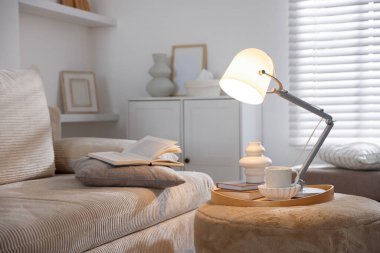 Şık lamba, vazo, kitaplar ve fincanlar kapalı koltuğun yanında.