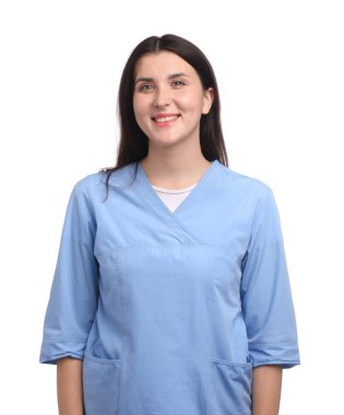 Beyaz arka planda üniformalı hemşire portresi