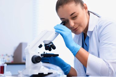 Genetik araştırması. Laboratuvarda mikroskopla çalışan bir bilim adamı