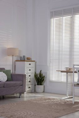 Yumuşak kanepe, masa, şifonyer ve ev bitkisi oturma odasında. İç tasarım