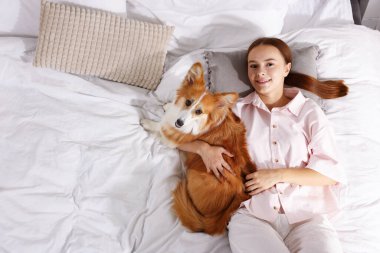 Evcil hayvan dostu otel. Güzel Galli Corgi köpeği yatakta uzanmış gülümseyen bir kadın. Metin için boşluk