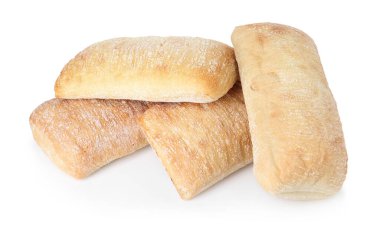 Many tasty fresh ciabattas isolated on white