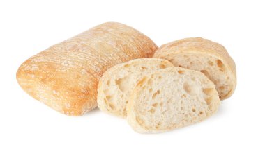 Beyaz üzerine izole edilmiş taze pişmiş ciabatalar.