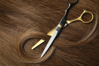 Scissors with lock of beautiful brown hair, top view