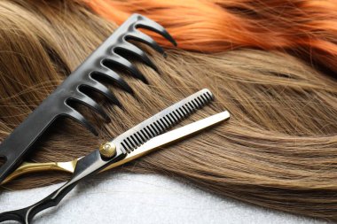 Farklı renklerde güzel saç telleri ve açık arkaplanda kuaför aletleri, yakın plan.