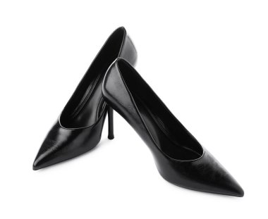 Pair of stylish high heeled shoes isolated on white