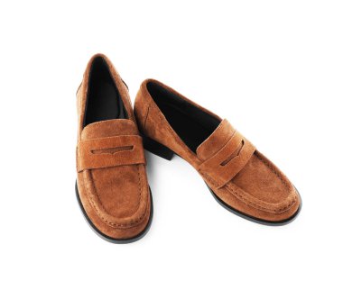 Pair of stylish brown shoes isolated on white, above view