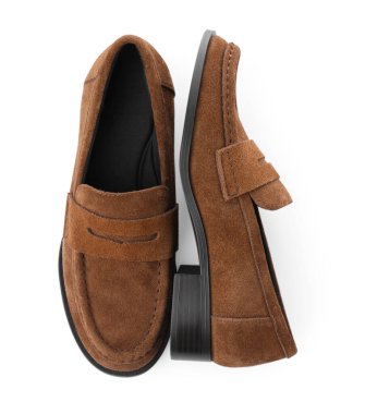 Pair of stylish brown shoes isolated on white, top view