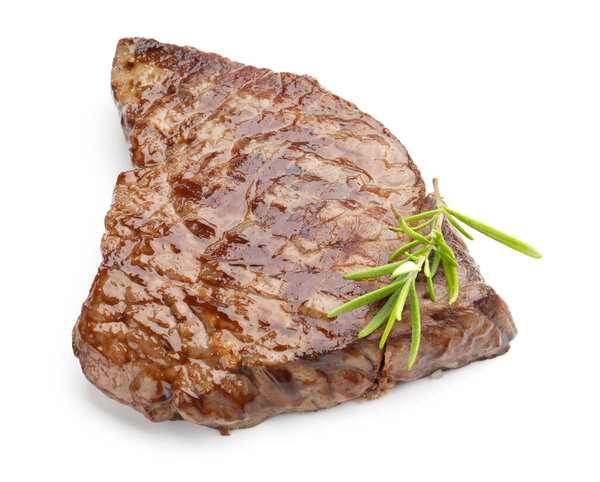Delicious grilled beef steak with rosemary isolated on white