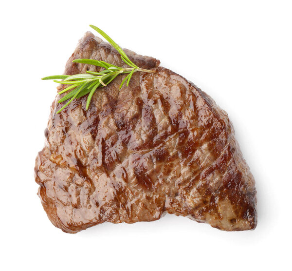 Delicious grilled beef steak with rosemary isolated on white, top view