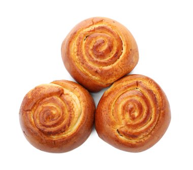 Lezzetli çörekler beyaza izole edilmiş, üst manzara. Ev yapımı pasta.