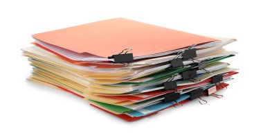 Stack of colorful folders with documents and binder clips isolated on white