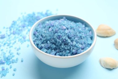 Sea salt and shells on light blue background, closeup