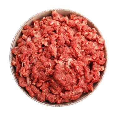 Raw minced meat in bowl isolated on white, top view