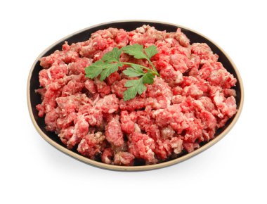 Fresh raw minced meat with parsley in bowl isolated on white