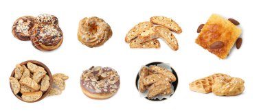 Different pastry with almond isolated on white, set