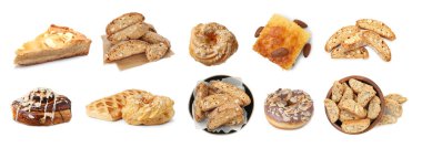 Different pastry with almond isolated on white, set