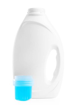 Bottle of laundry detergent and cap isolated on white