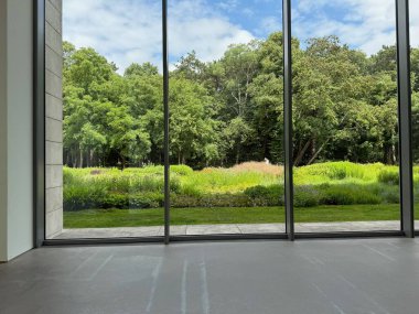 Güzel yeşil ağaçlar ve mavi gökyüzünün altındaki diğer farklı bitkiler, panoramik pencerelerden bakıyorlar.