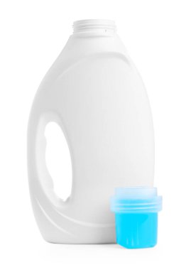 Bottle of laundry detergent and cap isolated on white
