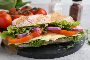 Prosciutto, peynir ve sebzeli nefis ciabatta sandviçi, yakın plan.