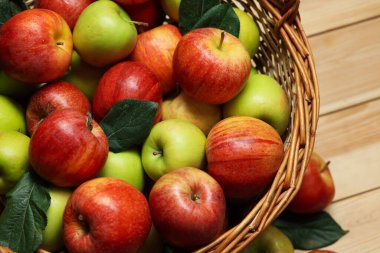 Hasır sepetteki taze elmalar ve yukarıdaki tahta masada yeşil yapraklar.