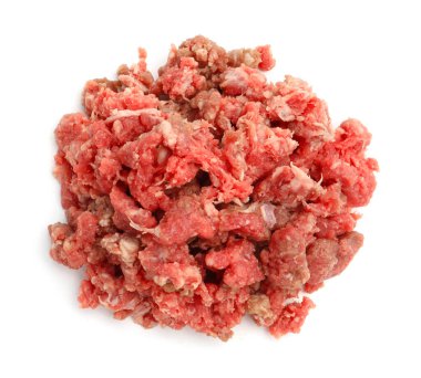 Taze çiğ et, beyazda izole edilmiş, üst manzara.