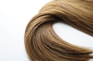 Beautiful hair strand on white background, closeup. Space for text