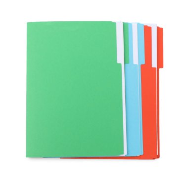Stack of colorful folders with documents isolated on white, top view