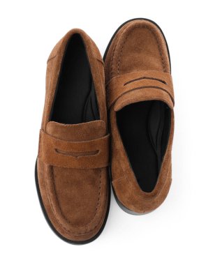 Pair of stylish brown shoes isolated on white, top view