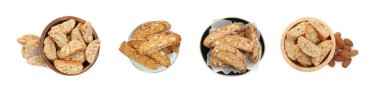 Tasty almond biscuits isolated on white, set. Traditional Italian Cantucci
