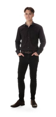 Beyaz arka planda şık kotlu adam