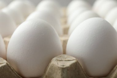 Yumurta kutusunda çiğ tavuk yumurtası, yakın plan.
