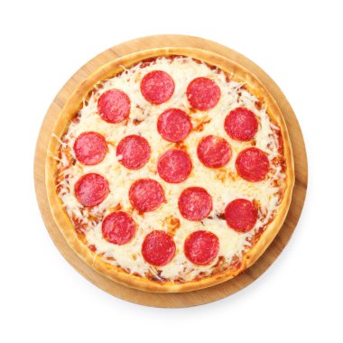 Delicious pepperoni pizza isolated on white, top view. Tasty fast food