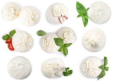 Beyaza izole edilmiş leziz burata peyniri. Üst görünüm