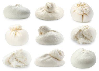 Delicious burrata cheese isolated on white, set