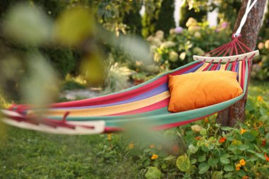Comfortable cushion on colorful hammock in garden