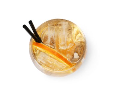 Tasty cocktail with slice of orange in glass isolated on white, top view