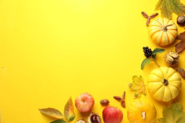 Flat lay composition with dry autumn leaves and pumpkins on yellow background. Space for text